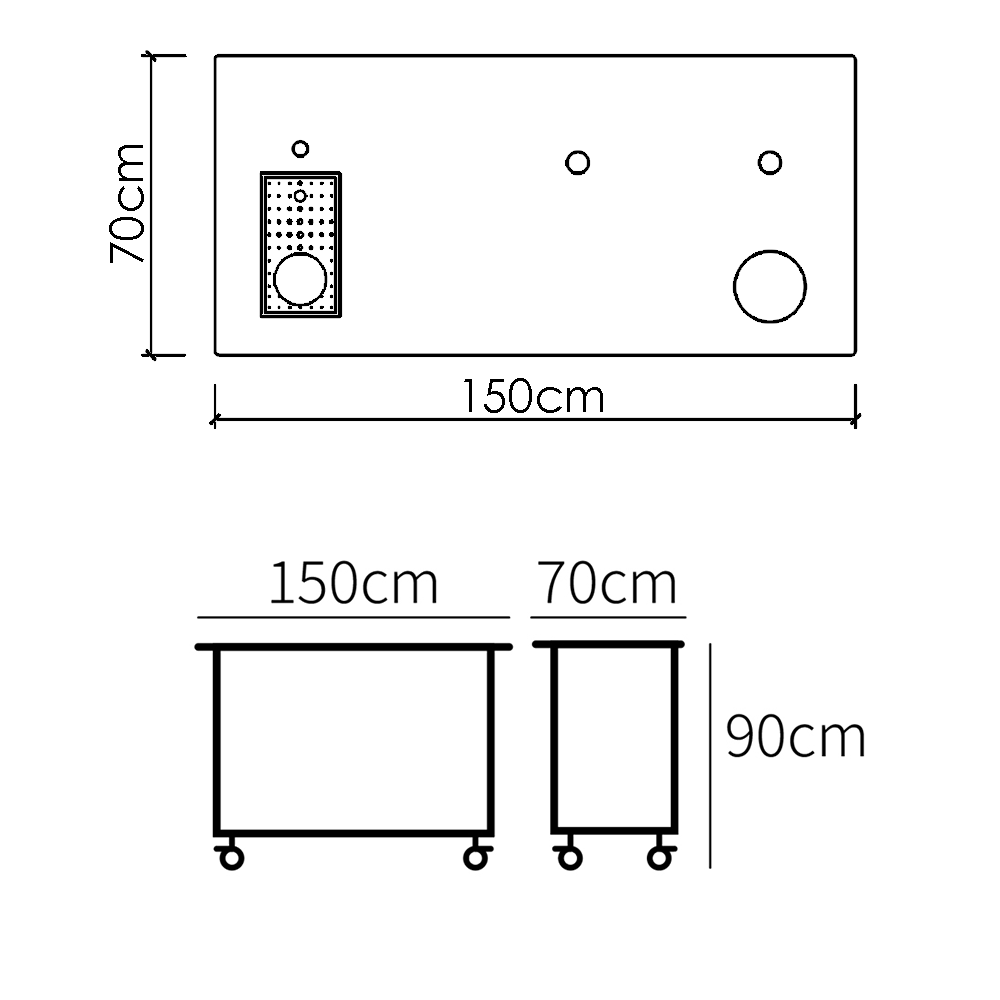 150 cm stainless steel workstation coffee service size diagram