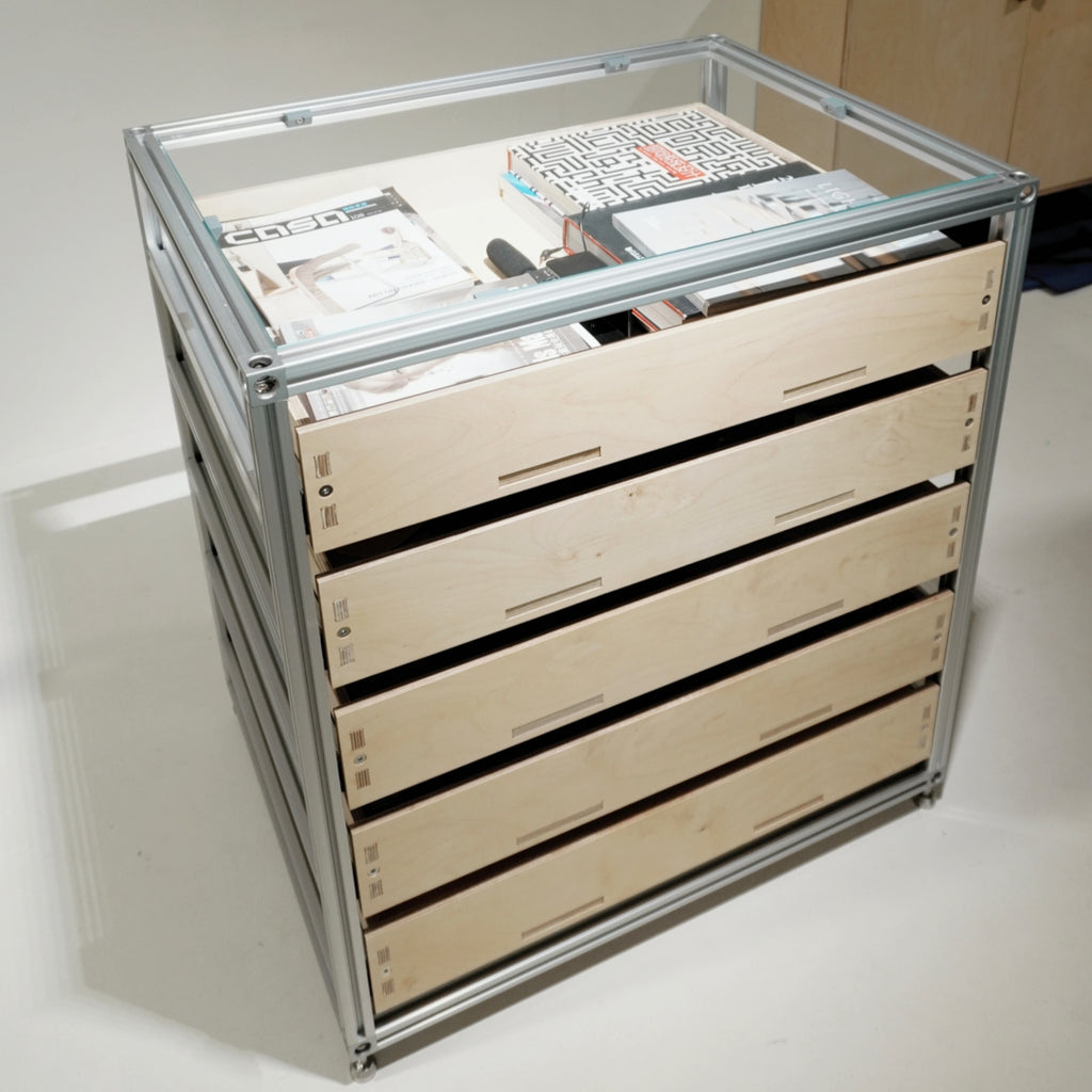 ModCab glass-top display cabinet with five birch drawers