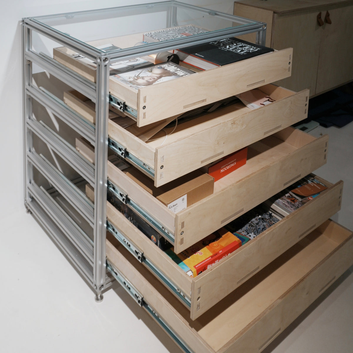 ModCab five-drawer cabinet with drawers open