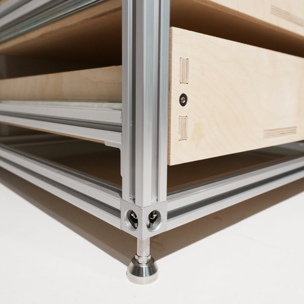 ModCab aluminium frame, birch drawer and adjustable foot detail