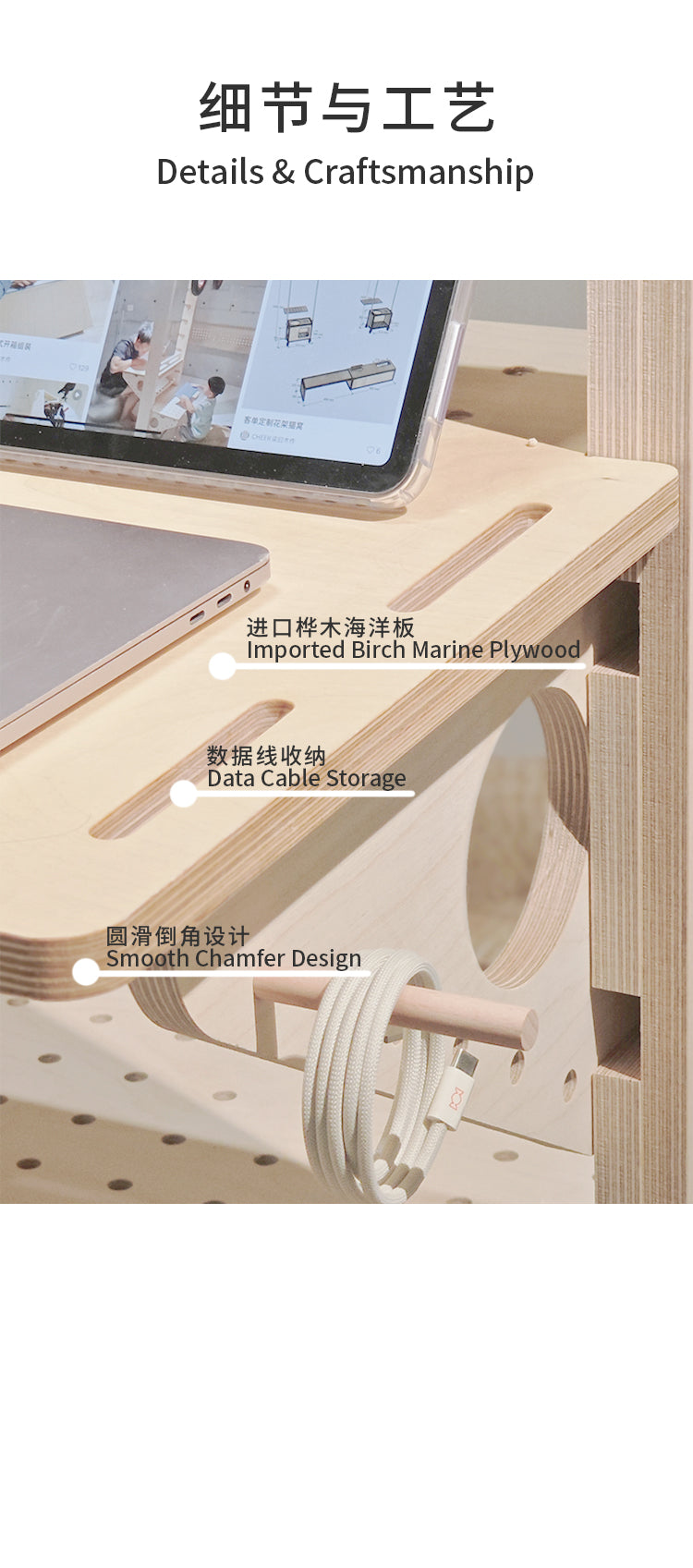 Imported birch marine plywood tabletop with cable slots and rounded edges
